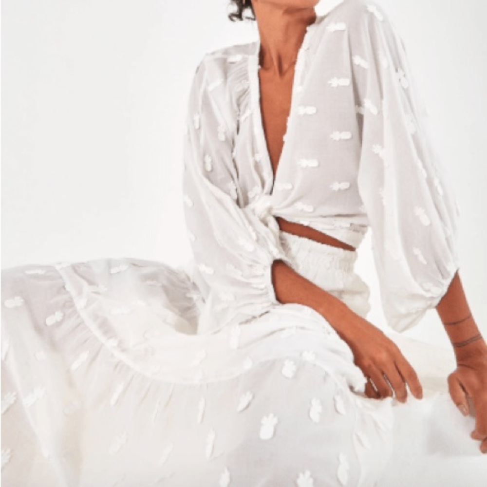 Farmrio pineapple embroidery white midi skirt